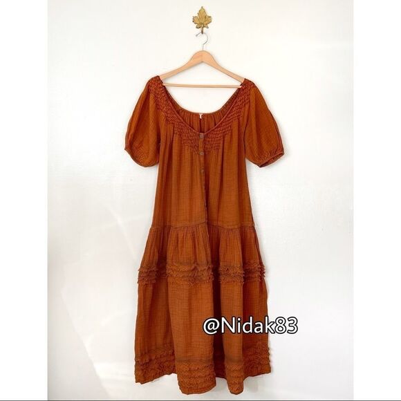 Free People Sunday Stroll Maxi Dress smocked oversized Small Burnt Clay Combo - Picture 2 of 14